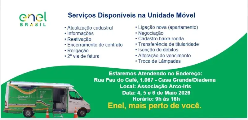 ⚡ Enel leva unidade móvel ao bairro Casa Grande em Diadema com serviços gratuitos para a população!